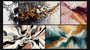 Mosaic of five paintings, including Bubble Abstract, Graphical Vibrations and Dynamic explosion