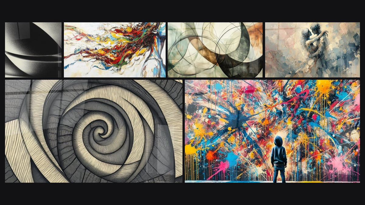 Mosaic of six paintings, including Abstract Sphere, Textured Geometric Spiral and Modern Muse