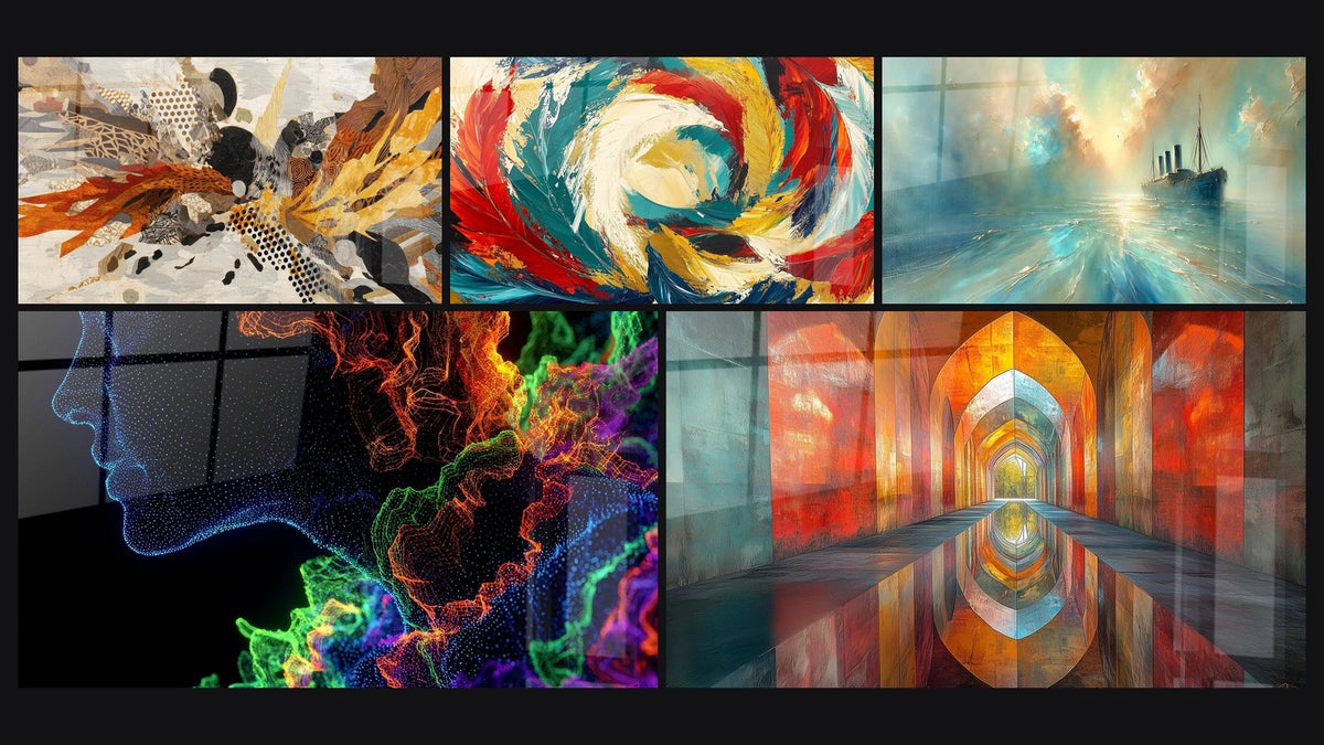 Mosaic of five paintings, including Abstract Explosion, Human Digital Profile and Arched Iridescent Vermillion
