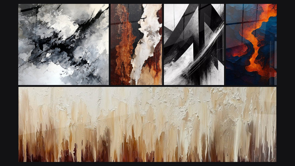 Mosaïque de cinq tableaux, dont Trajectoires Fracturées et Sang de la terre