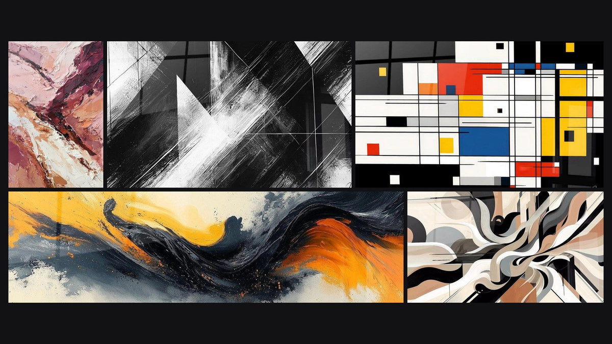 Mosaico de cinco cuadros, entre ellos Puntos de Convergencia, Composición geométrica colorida y Sinfonía Contrastada Negra