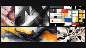 Mozaïek van vijf schilderijen, waaronder Convergentiepunten en Geometrisch gekleurde compositie