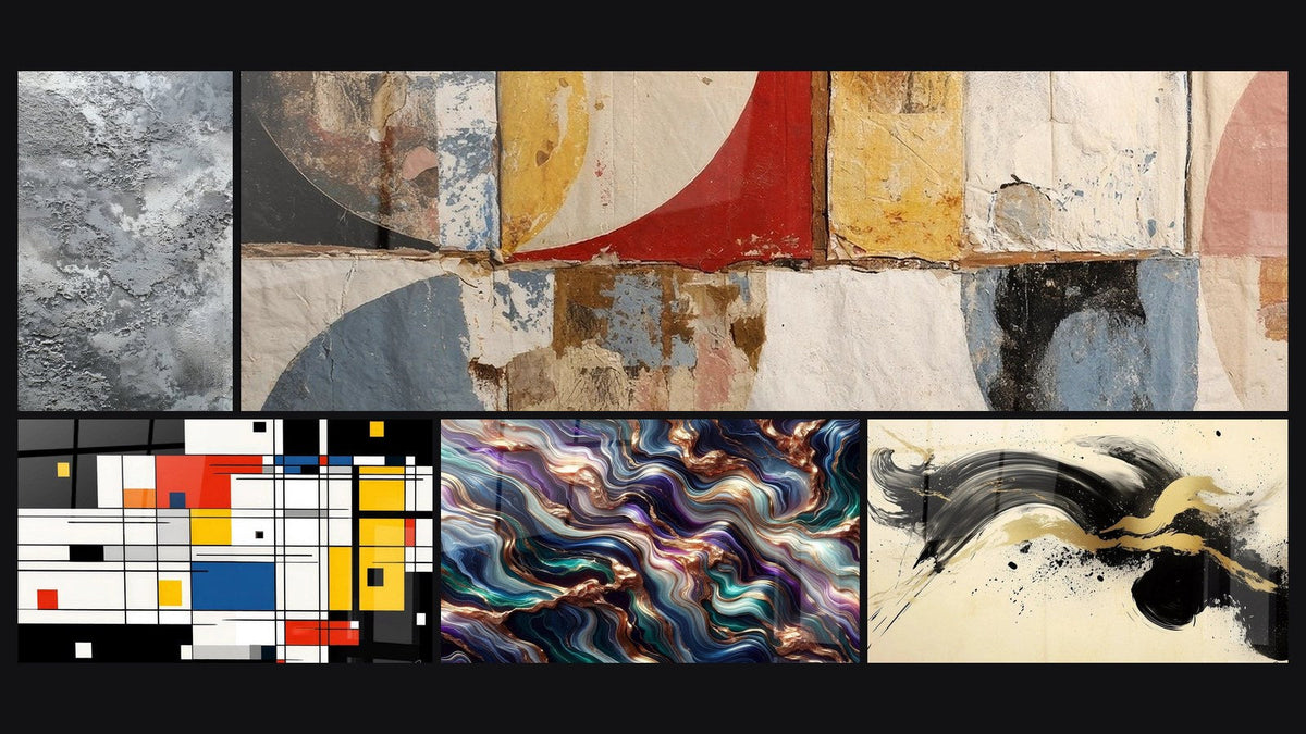 Mosaico di cinque quadri, tra cui Composizione geometrica colorata di, Serenata Minerale e Slancio Appassionato Nero