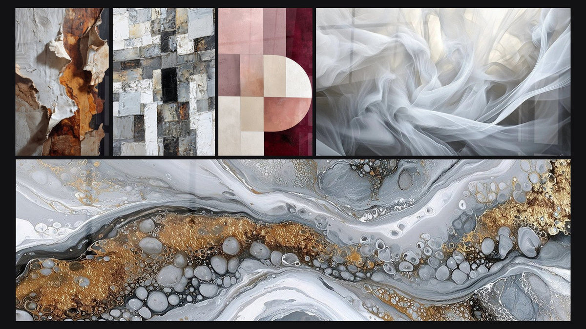 Mosaïque de cinq tableaux, dont Abstrait Fluide Gris et Or, Mosaïque Abstraite Gris et Blanc et Voiles de Lumière