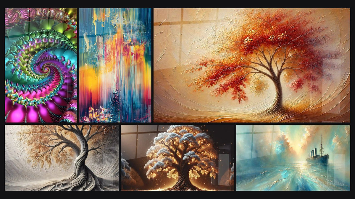 Mosaico de seis cuadros, entre ellos Espiral fractal colorido, Cascadas coloridas abstractas y Aliento de la Tierra