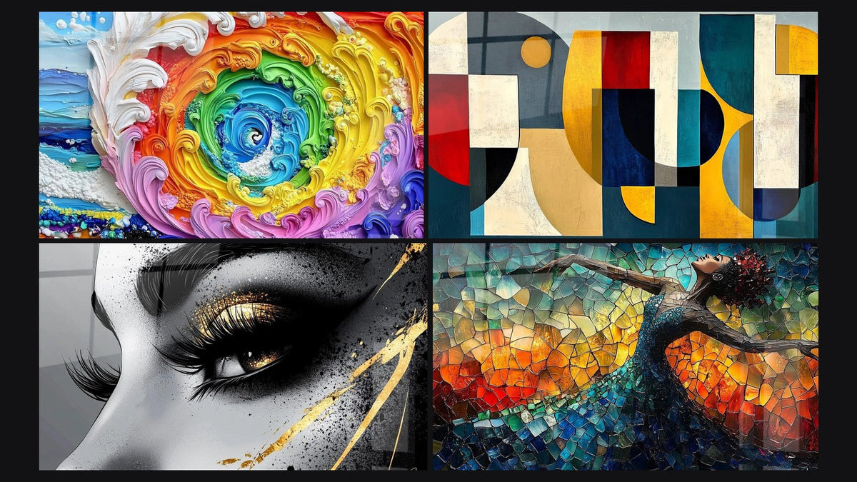 Mosaïque de quatre tableaux, dont Vague colorée spiralée, Formes géométriques colorées et Œil larme d'or