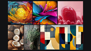 Mosaic of six paintings, including Liquid color explosion, Coconut wall art No.1 and Aromatic Herbs Wall Art No.1