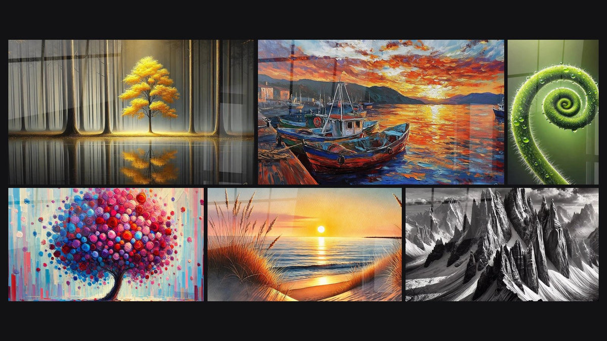 Mosaic of six paintings, including Eternal Tranquility, Joy Tree and When the Day Falls Asleep