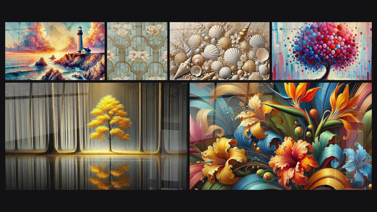 Mozaïek van zes schilderijen, waaronder Art Deco Bloemmotieven, Zandschatten en Eeuwige Rust