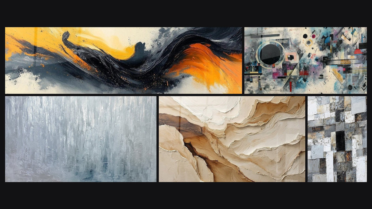 Mosaico de cinco cuadros, entre ellos Sinfonía Contrastada Negra, Composición abstracta geométrica y Abstracto Beige y Tierra