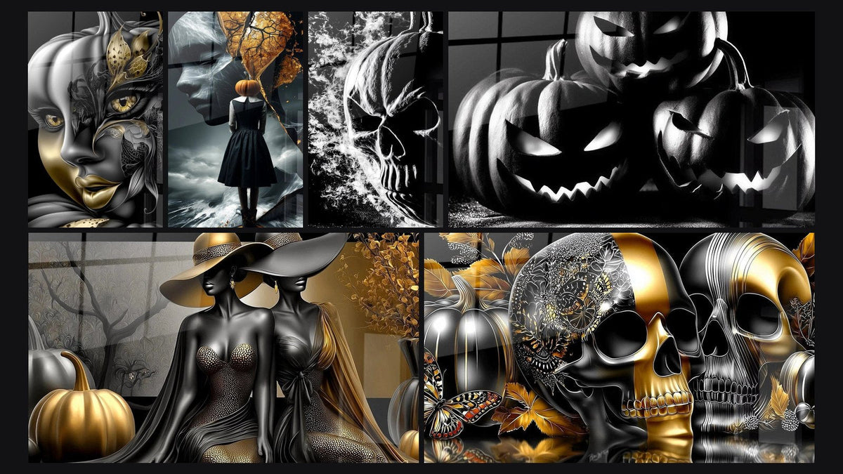 Mosaic of six paintings, including Pumpkins Sinister Smiles