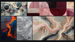 Mozaïek van vijf schilderijen, waaronder Abstract geometrische compositie, Bloed van de aarde en Zijden Stromen