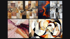 Mosaic of five paintings, including Blood of the Earth, Abstract Gray and White Mosaic and Interlocking circular shapes