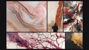 Mosaic of five paintings, including Purple Veins and Cream on Ecru Background and Dynamic Explosive Noise Abstract