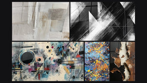 Mosaic of five paintings, including Convergence Points, Abstract Geometric Composition and Colorful explosion