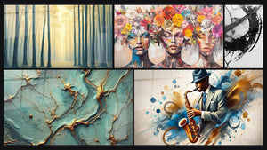 Mosaic of five paintings, including Pine Wall Art No. 2, Golden Rivers and The Blooming Muses
