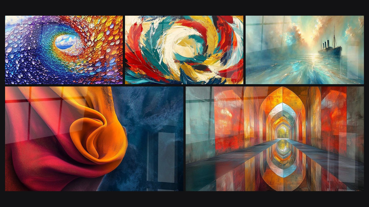 Mosaic of five paintings, including Multicolor cosmic spiral, Arched Iridescent Vermillion and Cosmic Metamorphosis