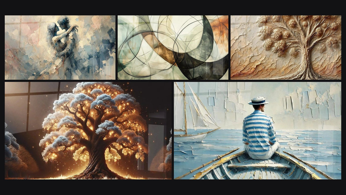 Mosaico de cinco cuadros, entre ellos Entre Nosotros, Los Lazos Invisibles y Árbol Nocturno