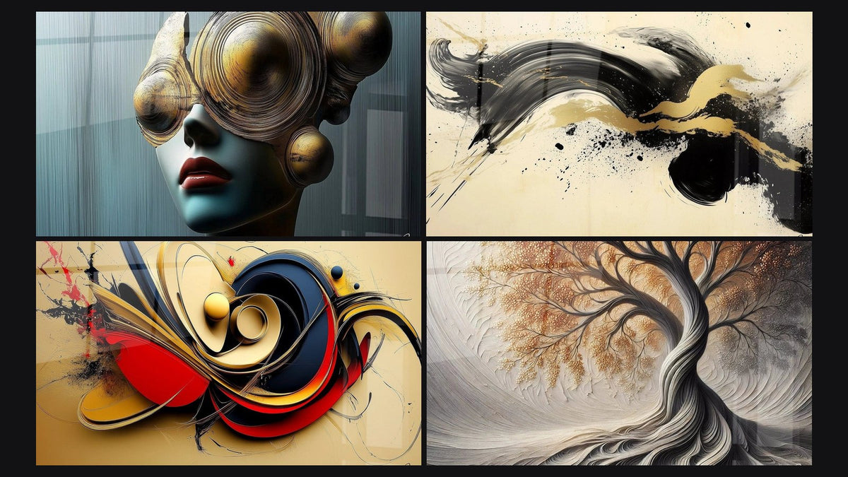 Mosaic of four paintings, including Mask of Knowledge, Passionate Momentum Black and Dynamic Abstract