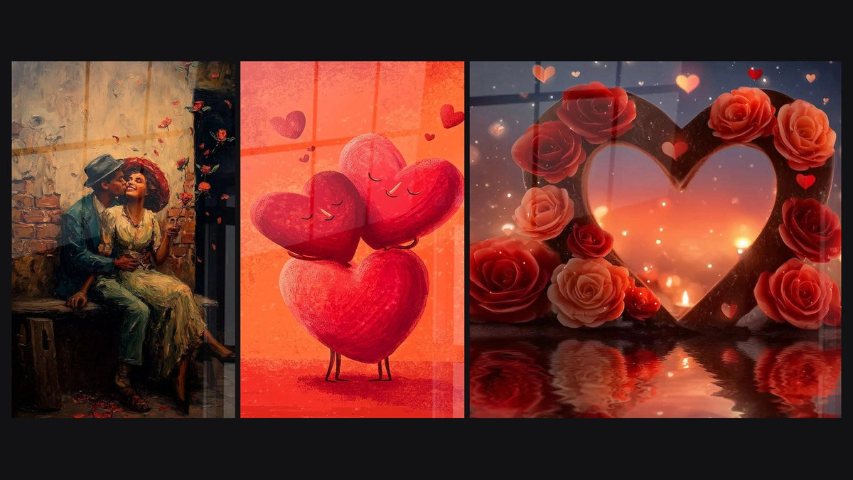 Mosaico de tres cuadros: Pareja Besándose Bajo la Lluvia de Rosas, Corazón Enlace Indefectible y Corazón Pasión Eterna