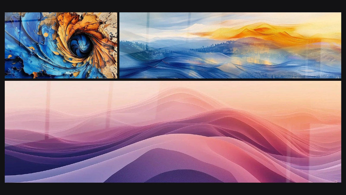 Mosaico di tre quadri: A spirale cosmica blu e dorata, Flusso Setoso Malva e Meditazione Infinita Blu