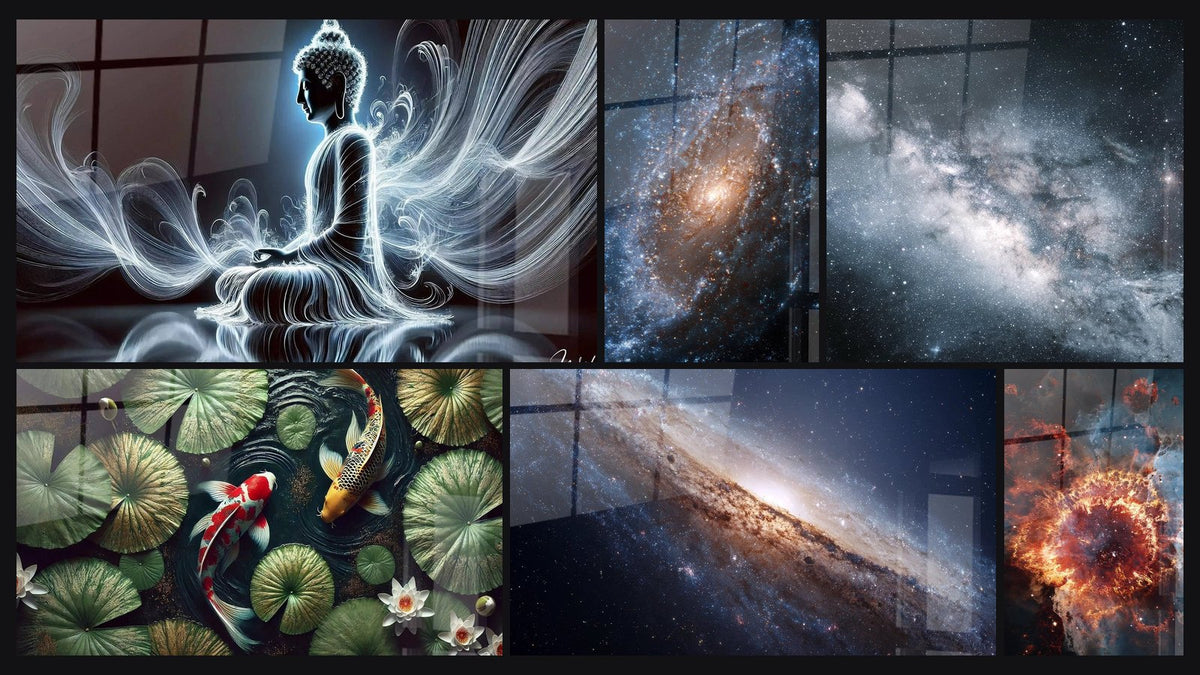 Mosaico de seis cuadros, entre ellos Paz Fluida, Bajo las Hojas, una Poesía y Galaxia Espiral