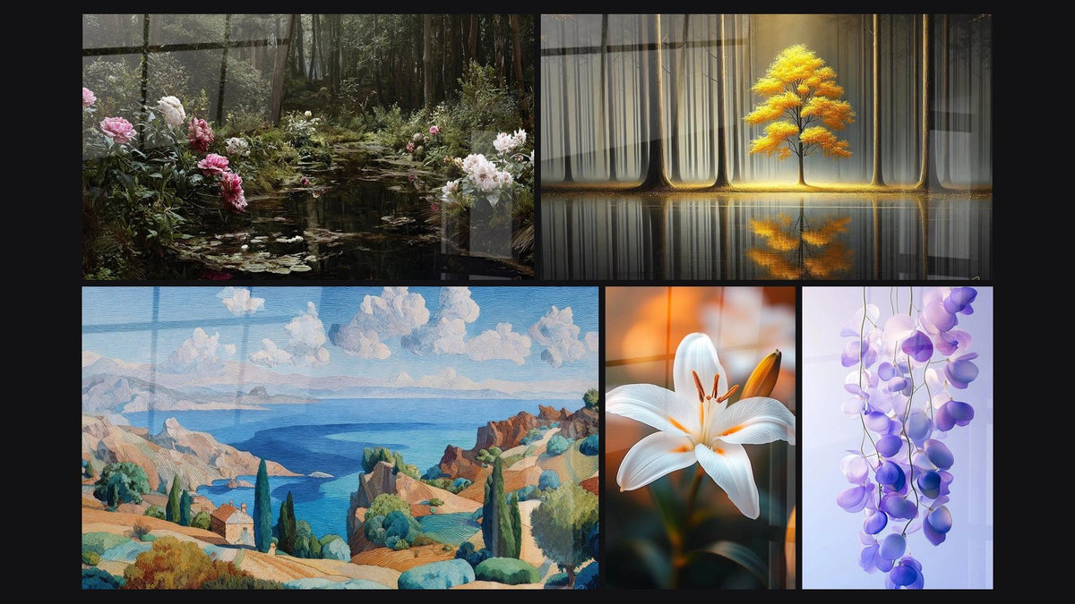 Mosaic of five paintings, including Pond with Forest Peonies, Mediterranean Landscape and Lily Wall Art N°2
