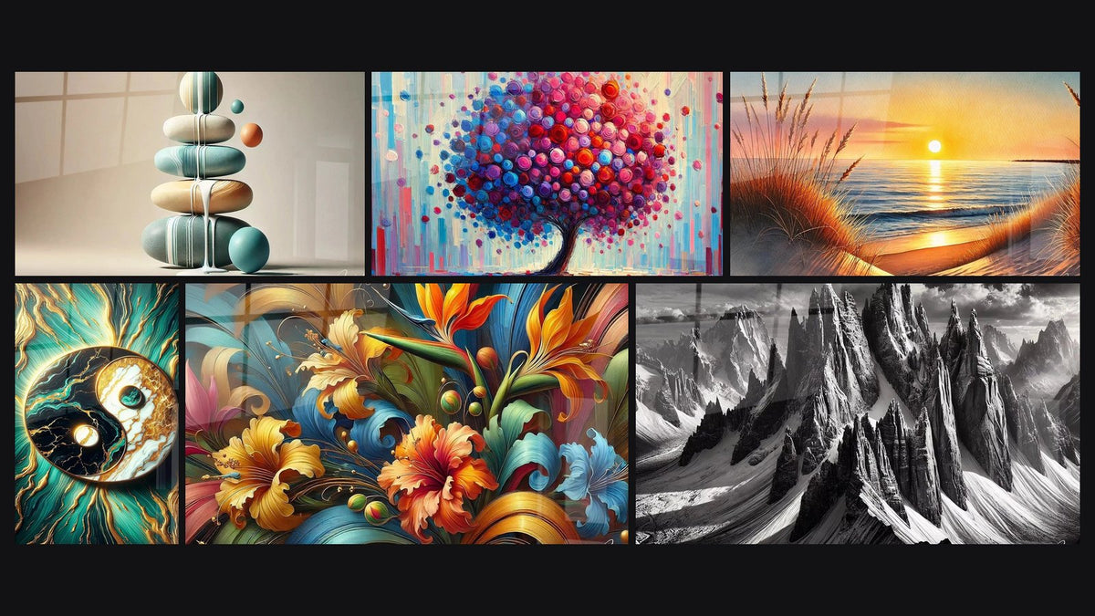 Mosaico de seis cuadros, entre ellos Equilibrio Pastel, Equilibrio y Árbol de Alegría