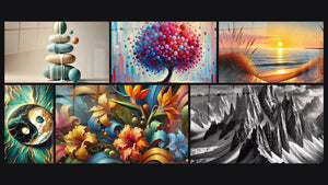 Mosaico de seis cuadros, entre ellos Equilibrio Pastel, Equilibrio y Árbol de Alegría