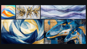 Mosaico de cinco cuadros, entre ellos Olas abstractas, Explosión dorada y gris sobre fondo blanco y Movimiento Perpetuo