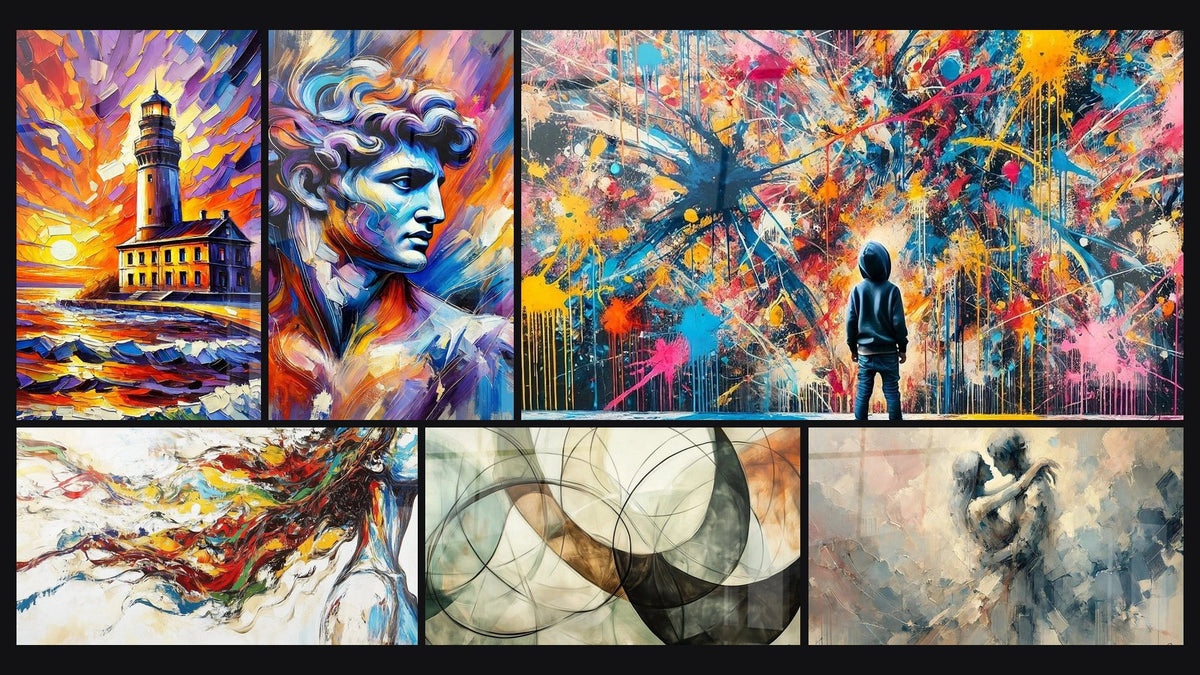 Mosaïque de six tableaux, dont Gardien de Lumière, Renaissance et Muse Moderne