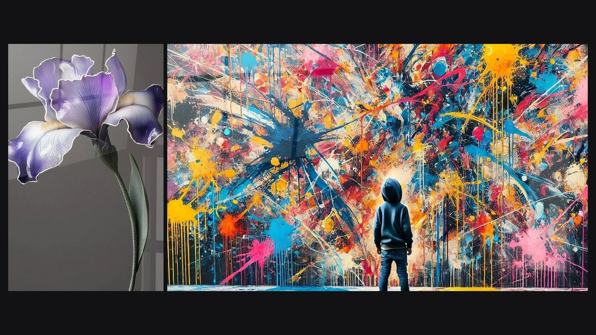 Two paintings side by side: Iris Wall Art No. 9 and Paint Bursts