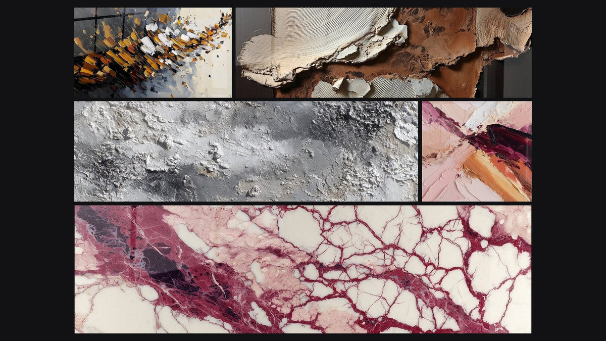 Mosaico de cinco cuadros, entre ellos Explosión dinámica y Texturas abstractas tierra y blanco roto