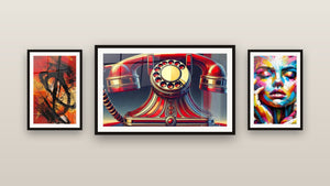Gallery wall with three framed paintings: Abstract Black and Red, Vintage Call and Vintage Brilliance