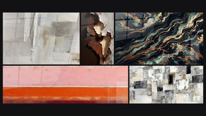 Mosaic of five paintings, including Aurifer Flow and Abstract Mosaic Wall Art Grey and Beige