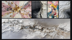 Mosaic of five paintings, including Abstract Black White Gray Cracked Textured and Color Explosion
