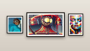 Gallery wall with three framed paintings, including Vintage Brilliance and Vintage Call