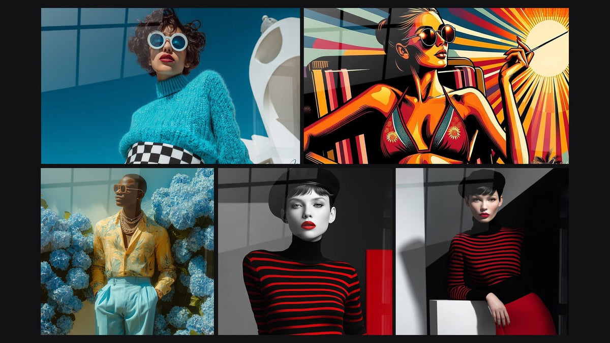 Mosaico de cinco cuadros, entre ellos Mujer jersey turquesa gafas redondas y Mujer con labios rojos y boina negra