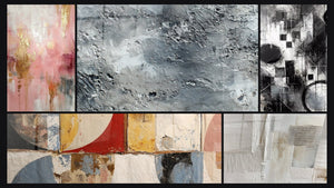 Mosaic of five paintings, including Abstract Geometric Shapes, Textured silver-gray abstract and Fragments of Absolute