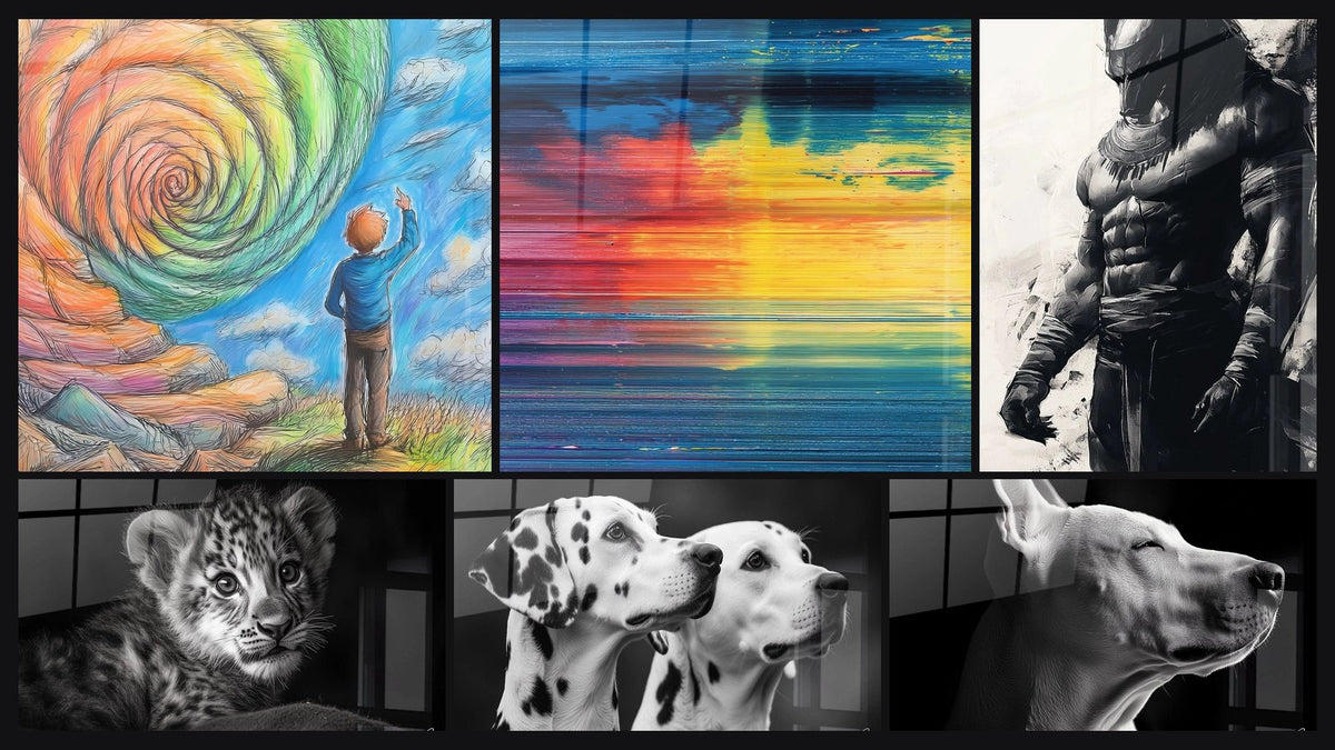 Mosaïque de six tableaux, dont Enfant contemplant spirale cosmique, Abstrait coloré et Anubis N°1