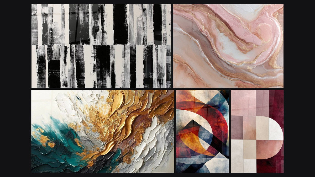 Mosaic of five paintings, including Trace Artwork in Gold and Jade and Circular geometric shapes