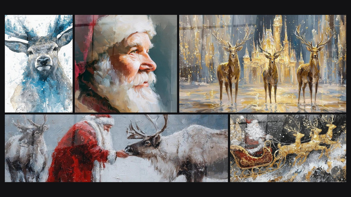Mosaïque de cinq tableaux, dont Cerf Seigneur des tempêtes douces et Père Noël Messe Minuit