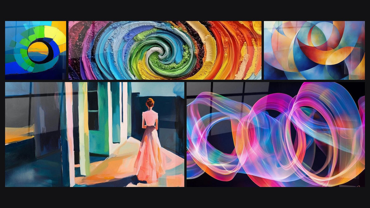 Mosaic of five paintings, including Rainbow Colored Spiral and Multicolor spiral