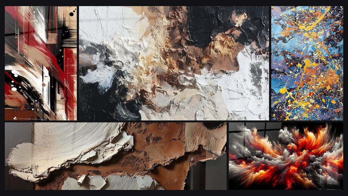 Mosaico de cinco cuadros, entre ellos Desorden Estructurado y Texturas abstractas tierra y blanco roto