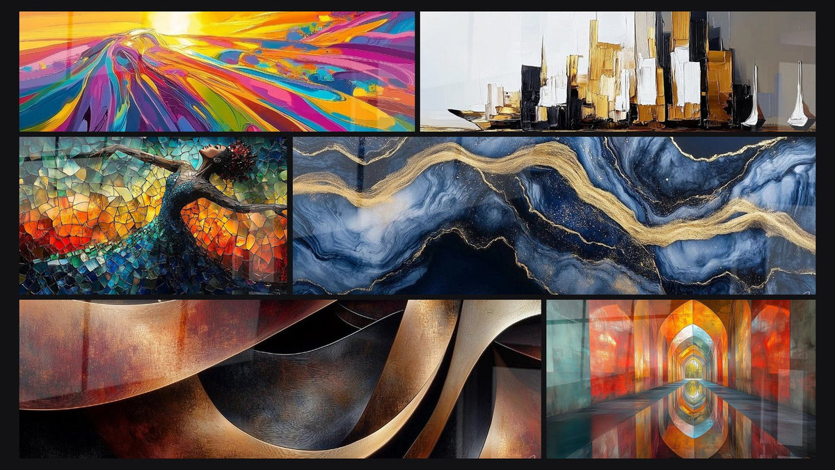 Mosaïque de six tableaux, dont Tourbillon coloré, Ville moderne abstraite et Danse Feu Libératrice Rouge