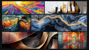 Mosaico de seis cuadros, entre ellos Remolino colorido, Ciudad moderna abstracta y Danza Llama Liberadora Roja
