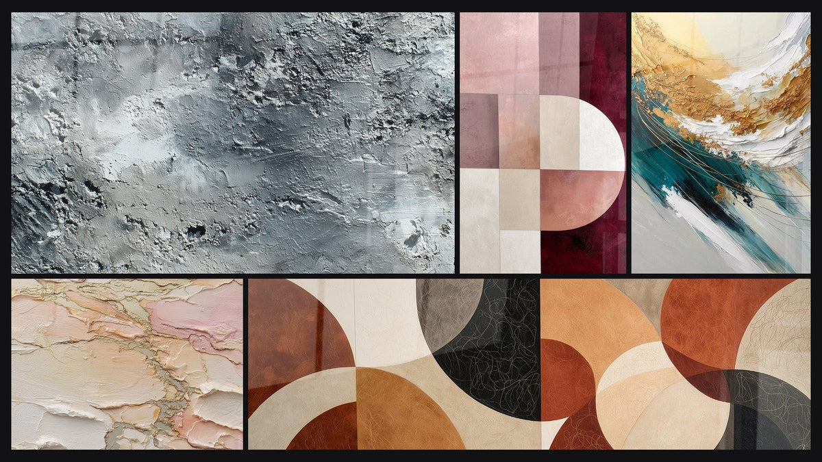 Mosaic of five paintings, including Textured silver-gray abstract and Golden Crest and Foam