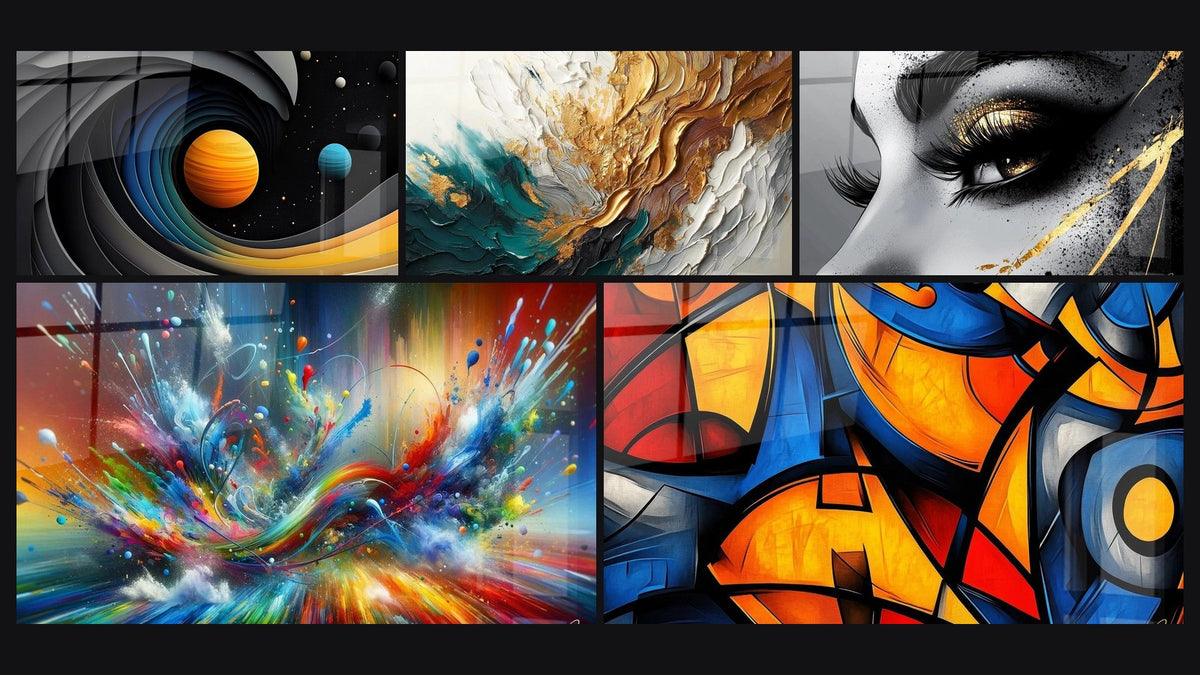 Mosaico de cinco cuadros, entre ellos Galaxia Espiral Cósmica, Trazos en Oro y Jade y Abstracto Big Bang Explosivo