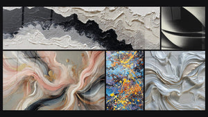 Mozaïek van vijf schilderijen, waaronder Abstracte bol, Zijden Stromen en Tafel van kleurexplosie