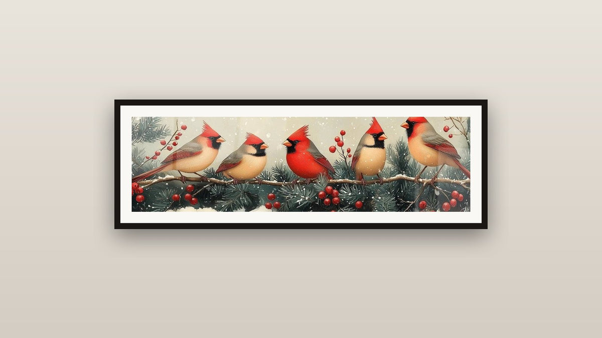 Ingelijst schilderij aan een muur: Kardinaal robijn conifeertafel